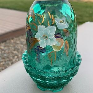 Fenton Hand Painted Fairy Lamp Signed J Cutshaw Light Blue Glass 22k Gold Paint
